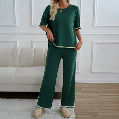 Women's 2-Piece Lounge Set - Black Knit Tracksuit with Short Sleeve Top & Wide Leg Pants - Soft Stretchy Homewear for Casual Wear - Seldom Seen Styles