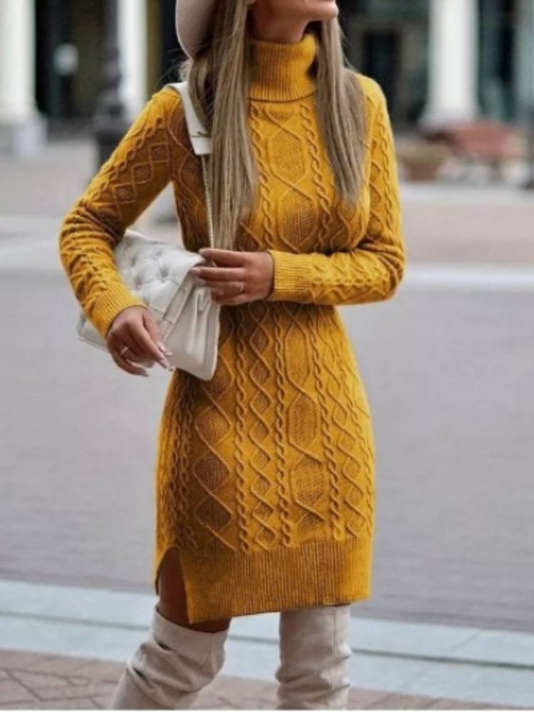 Women Turtleneck Sweater Solid Color Slit Knitted Sweater Dress - Seldom Seen Styles