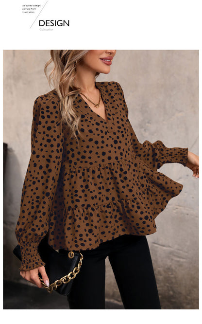 Leopard Print Blouse Shirts for Womens Black Polka Dots V Neck Long Sleeve Blouse Ruffle Flared Hem Babydoll Blouse