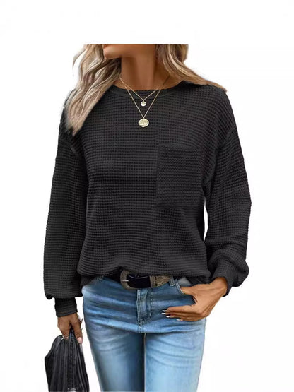Womens Waffle Knit Tops 2025 Oversized Long Sleeve Crewneck Shirts Business Casual Blouses Basic Shirts - Seldom Seen Styles