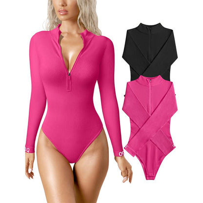 Women's 2 Piece Bodysuits Sexy Ribbed One Piece Zip Front Long Sleeve Tops Bodysuits - Seldom Seen Styles