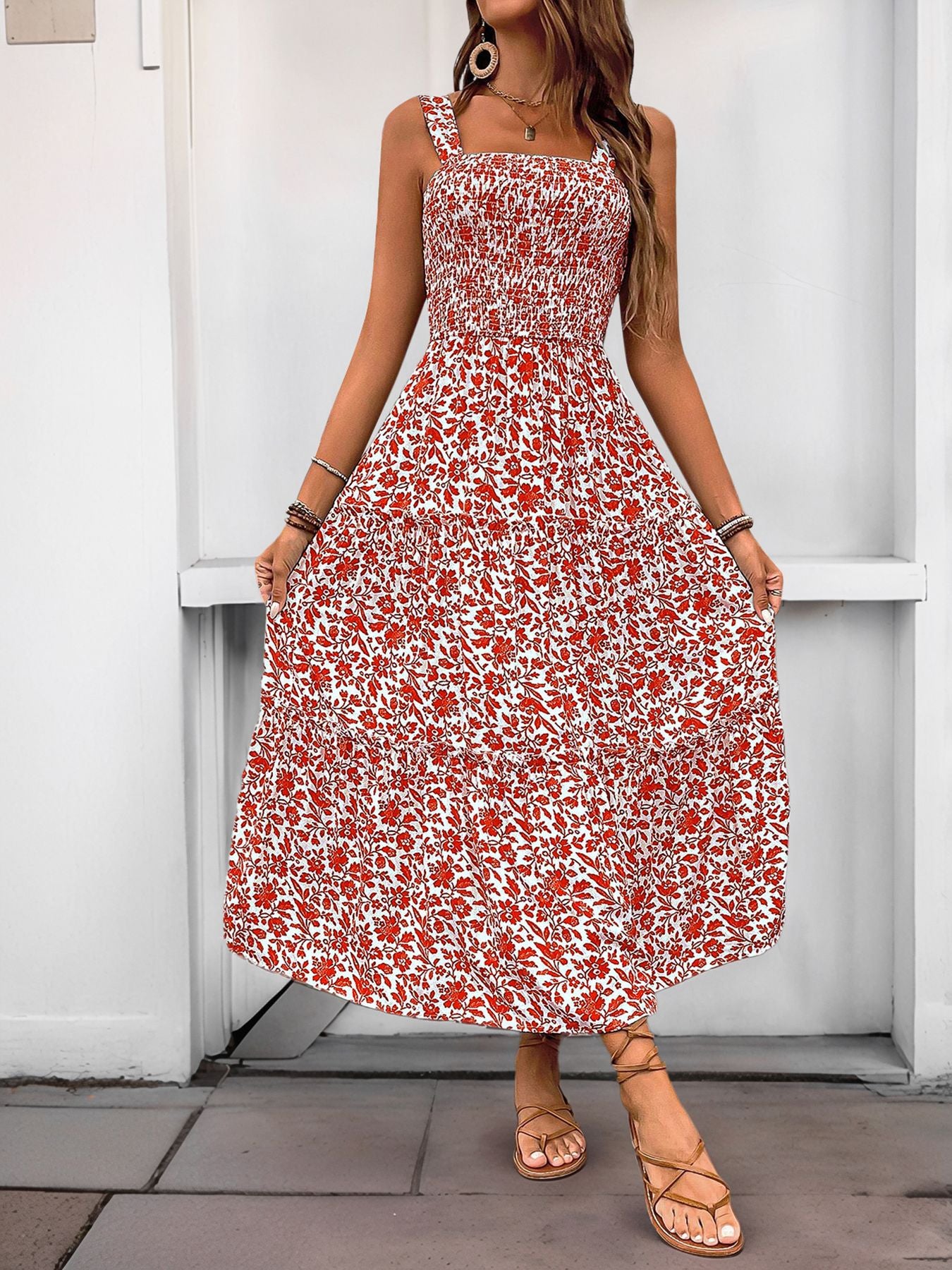 Women's 2025 Summer Floral Boho Dress Square Neck Strapped Swing A Line Sundress Beach Long Maxi Outfits