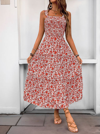 Women's 2025 Summer Floral Boho Dress Square Neck Strapped Swing A Line Sundress Beach Long Maxi Outfits