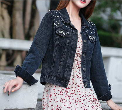 Women's Fashion Loose Embroidered Pearls Beading Cropped Denim Jacket Jean Coat - Seldom Seen Styles