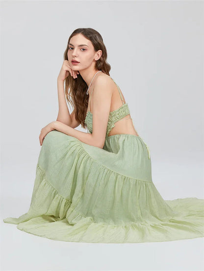 Summer Women Flowy Long Dress Spaghetti Strap Cut Out Backless Ruffle A-Line Dress Bohemian Party Holiday Casual Sundress