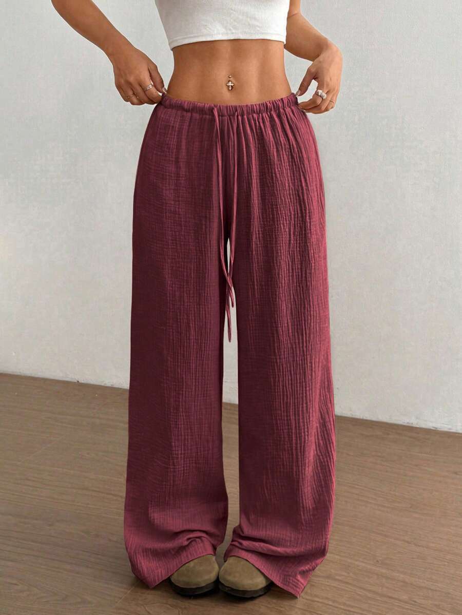 Womens Cotton Linen Palazzo Pants Drawstring Elastic Waist Casual Wide Leg Trousers with Pockets - Seldom Seen Styles
