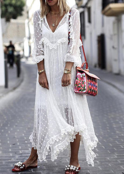White Jacquard Polka Dot See-through Maxi Dress Long Sleeve