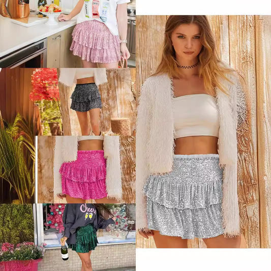 Mini Skirts for Women Summer Sparkly Sequin Layered Ruffle High Waist Tiered Skirt Shiny Party Club Short Skirts - Seldom Seen Styles