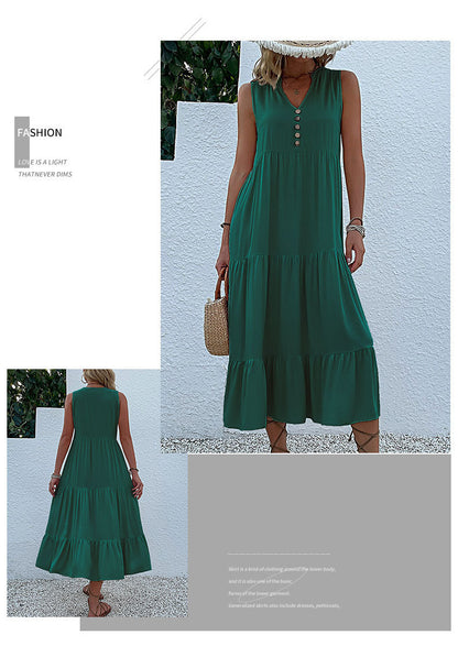 Summer Flowy Maxi Dress with Pockets Sleeveless Loose Casual Sundress V-Neck Tiered Sun Dress for Beach Cruise Vacations