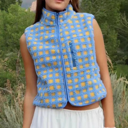 Womens Checkered Sherpa Vest Sleeveless Fleece Jacket High Neck Zip Up Plaid Gilet with Chest Pocket - Seldom Seen Styles