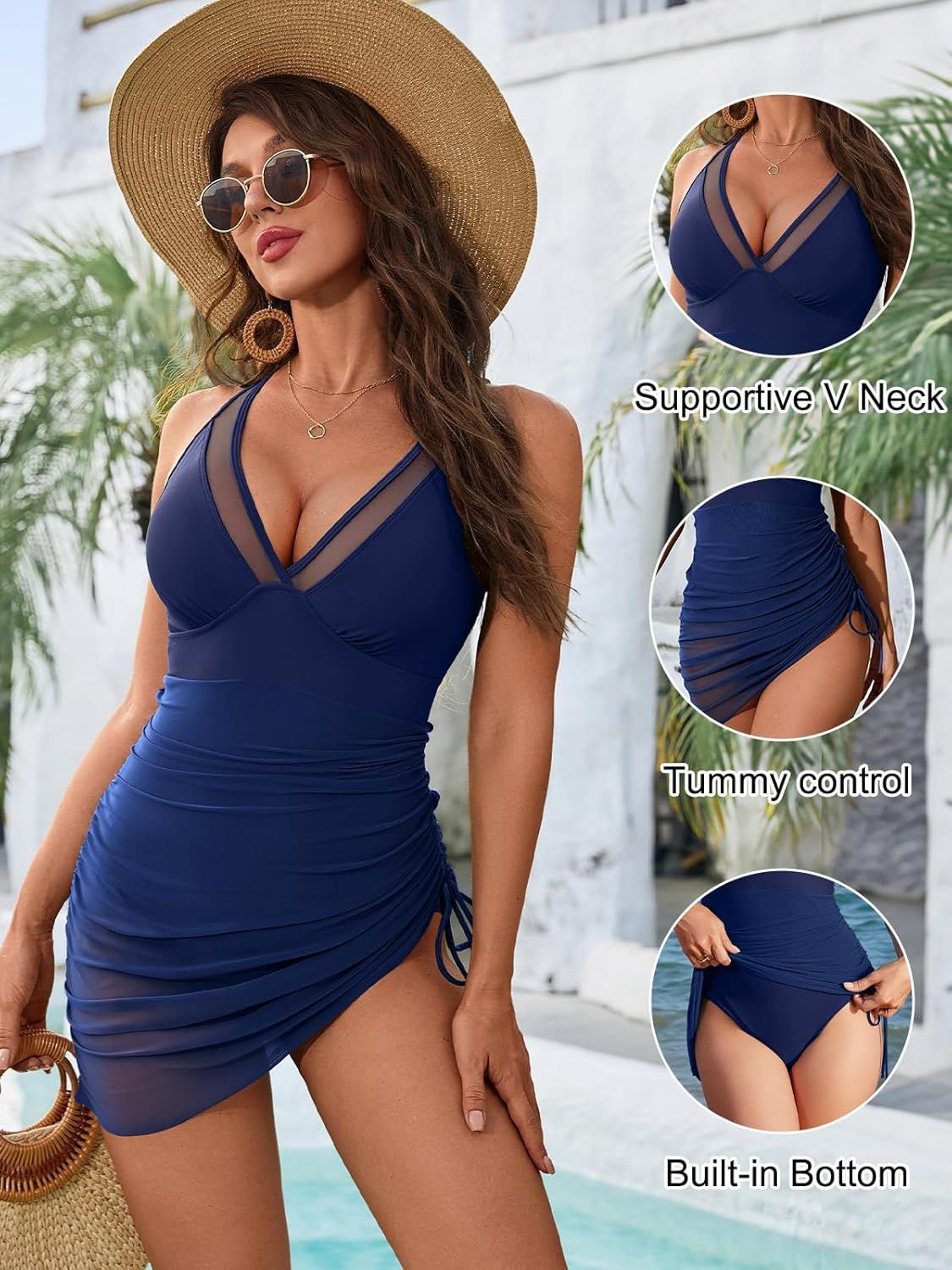 Women Mesh One Piece Swim Dress Swimsuit Tummy Control Bathing Suit