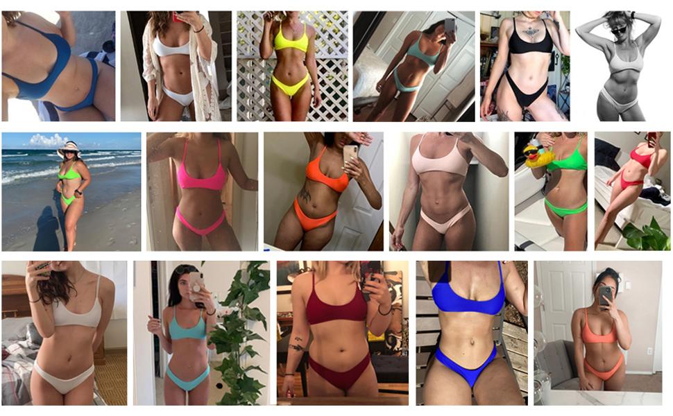 Women's Solid Scoop Neck Push Up Padded Brazilian Thong Bikini Swimsuit Bathing Suit