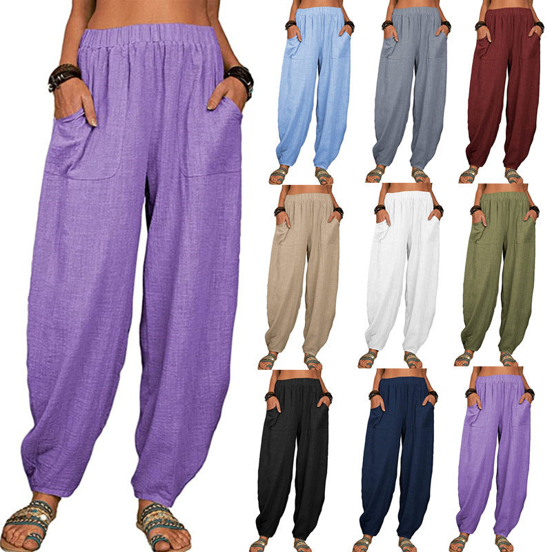 Womens Linen Plus Size High Elastic Waist Harem Pants Comfy Casual Loose Baggy Solid Pants Trousers with Pockets - Seldom Seen Styles