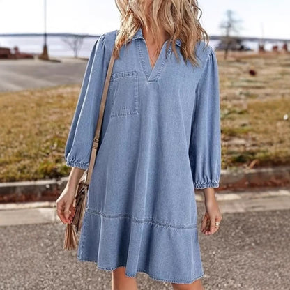 Denim Dress for Women Fashion Fall Casual Babydoll 2025 V Neck 3/4 Puff Sleeve Jean Dresses - Seldom Seen Styles