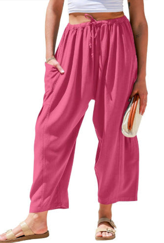 Womens Wide Leg Pants Casual Loose Drawstring Flowy Summer Beach Palazzo Harem Pants with Pockets - Seldom Seen Styles
