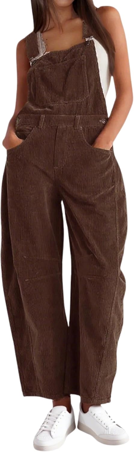 Corduroy Overalls for Women Barrel Wide Leg Bib Corduroy Pants Women Adjustable Romper Jumpsuit with Pockets - Seldom Seen Styles