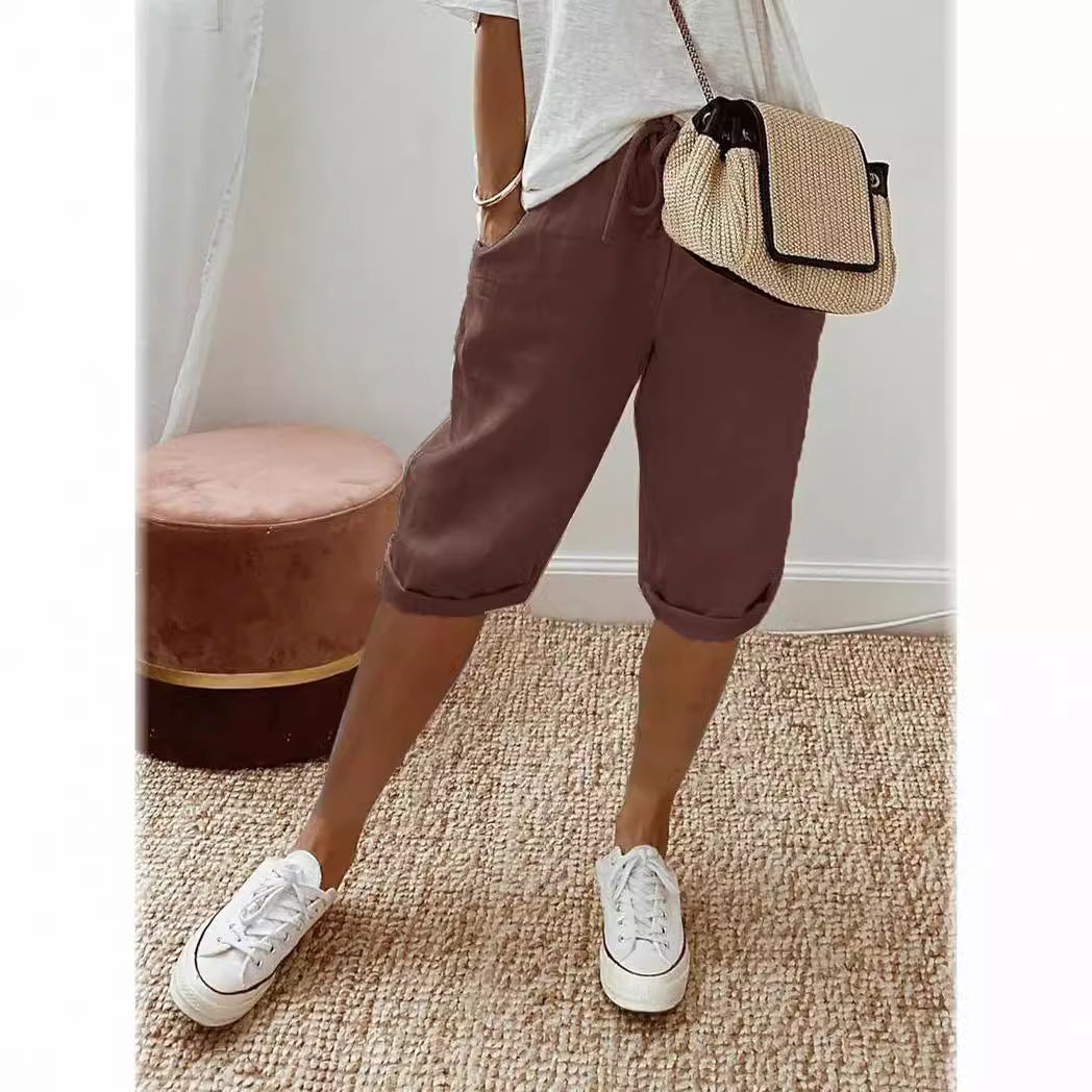 Womens Cotton Linen Shorts Knee Length Drawstring Elastic Waist Summer Casual Gym Going Out Shorts with Pockets - Seldom Seen Styles