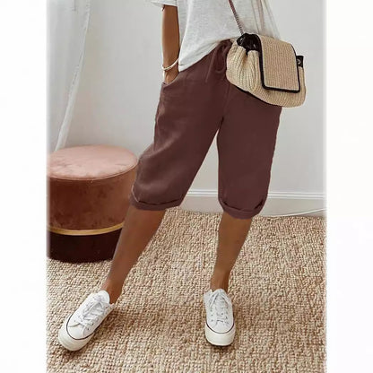 Womens Cotton Linen Shorts Knee Length Drawstring Elastic Waist Summer Casual Gym Going Out Shorts with Pockets - Seldom Seen Styles