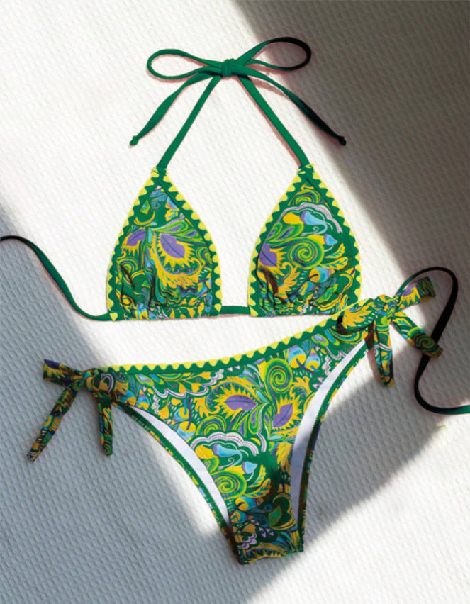 Women's Bikini Sets 2 Piece Halter Triangle Allover Print Swimsuit Set Boho Knot Side Bathing Suit Set