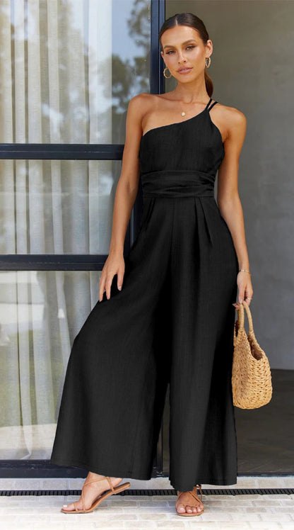 Women's Summer Straps One Shoulder High Waist Dressy Casual Wide Leg Linen Jumpsuit Romper Beach Travel Outfits