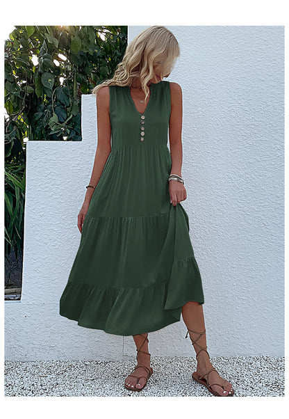 Summer Flowy Maxi Dress with Pockets Sleeveless Loose Casual Sundress V-Neck Tiered Sun Dress for Beach Cruise Vacations