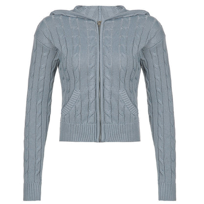 Women's Solid Drawstring Full Zip Up Hooded Spring Crochet Cardigan, Back To School Outfits, Drop Shoulder Kitting Fall Sweater Tops, Cardigan for Women, Casual Solid Dual Pocket Fall Outerwear for New Style, Fall outfits, Fallfreshness - Seldom Seen Styles