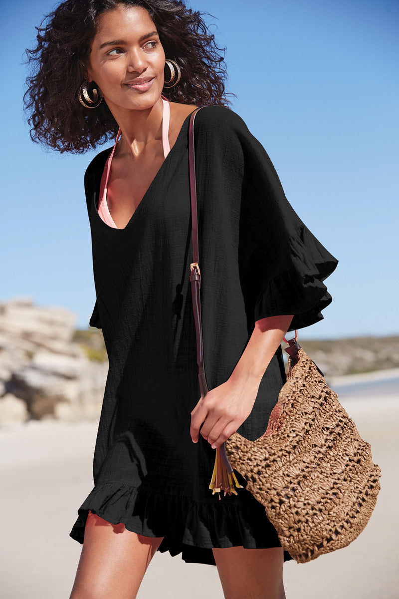 Womens Swimsuit Coverup V Neck Bathing Suit Beach Dress Sexy Ruffle Sleeves Bikini Cover Up Loose Top - Seldom Seen Styles