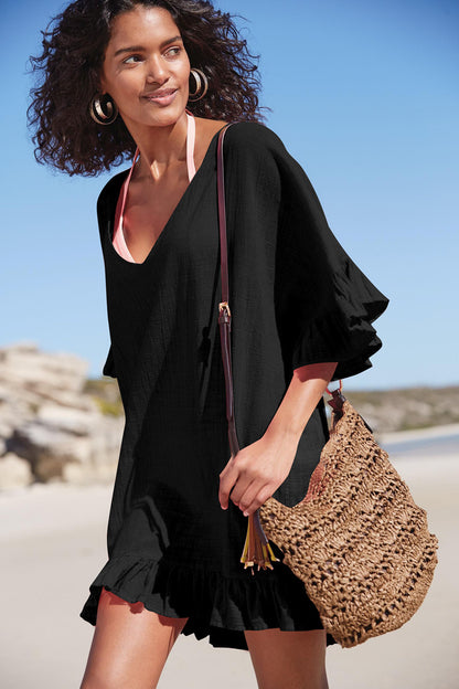 Womens Swimsuit Coverup V Neck Bathing Suit Beach Dress Sexy Ruffle Sleeves Bikini Cover Up Loose Top - Seldom Seen Styles
