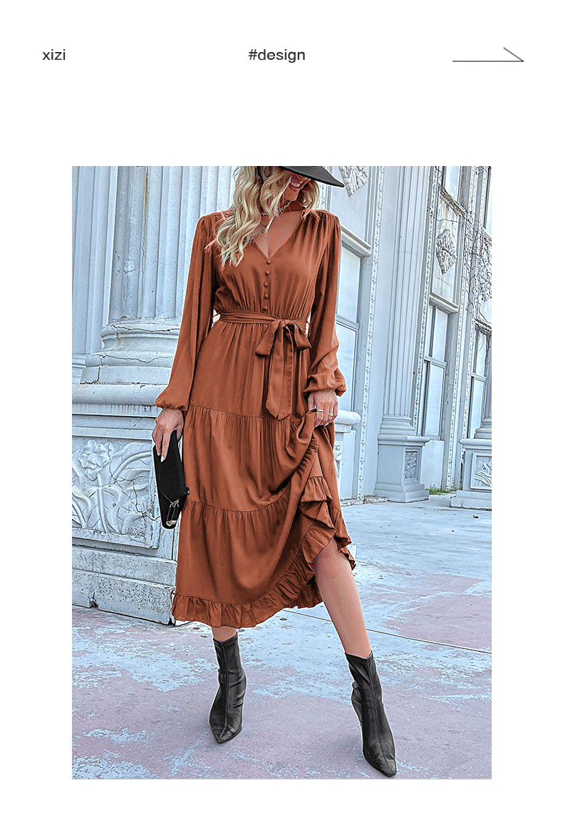 Women's Spring Dresses 2025 Long Sleeve V Neck Button Down Belted A-Line Flowy Ruffle Maxi Shirt Dress Pockets