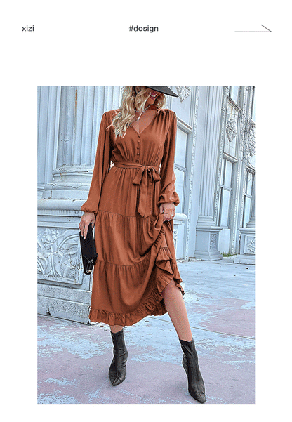 Women's Spring Dresses 2025 Long Sleeve V Neck Button Down Belted A-Line Flowy Ruffle Maxi Shirt Dress Pockets