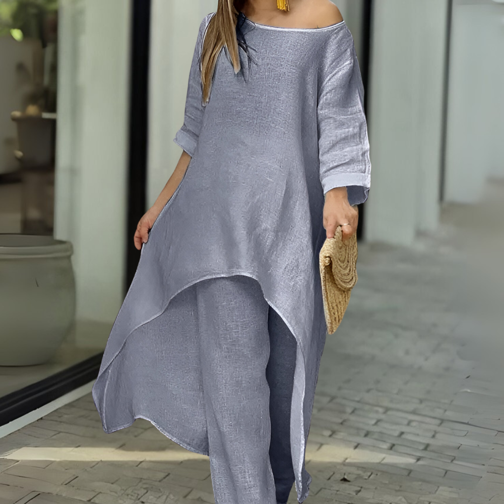 Womens Two Piece Set Dress Suit for Women Long Sleeve Cotton Linen Irregular Solid Crewneck Daily Wear Summer Set - Seldom Seen Styles
