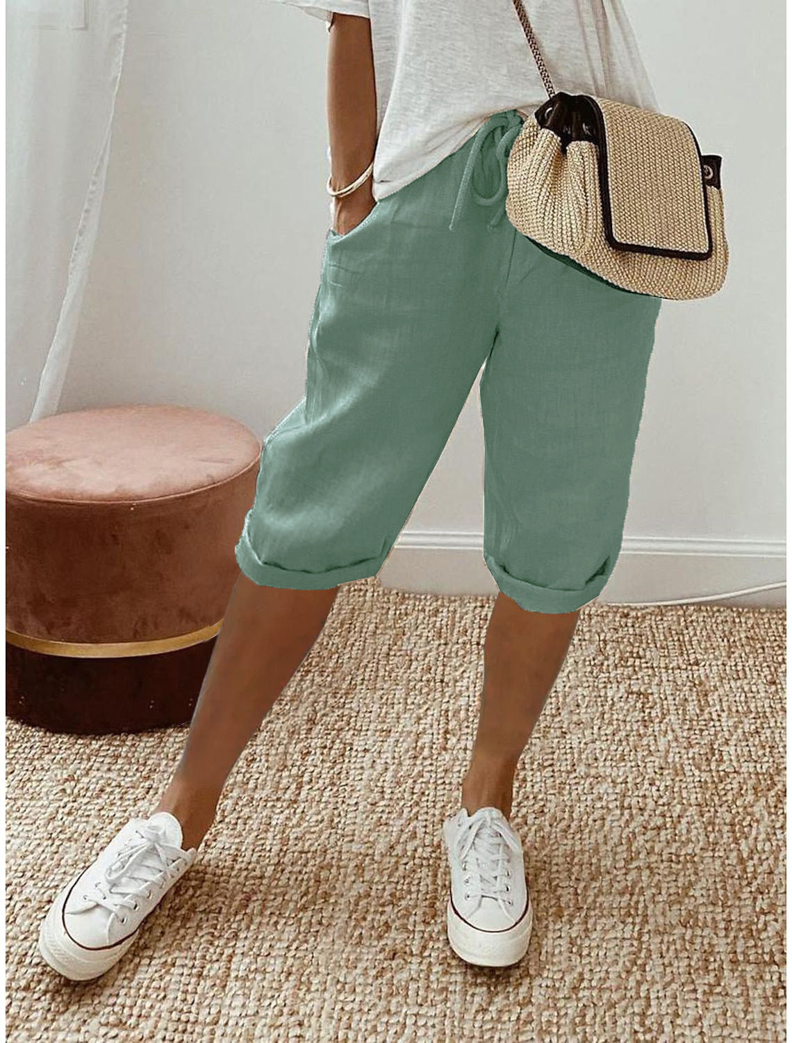Womens Cotton Linen Shorts Knee Length Drawstring Elastic Waist Summer Casual Gym Going Out Shorts with Pockets - Seldom Seen Styles
