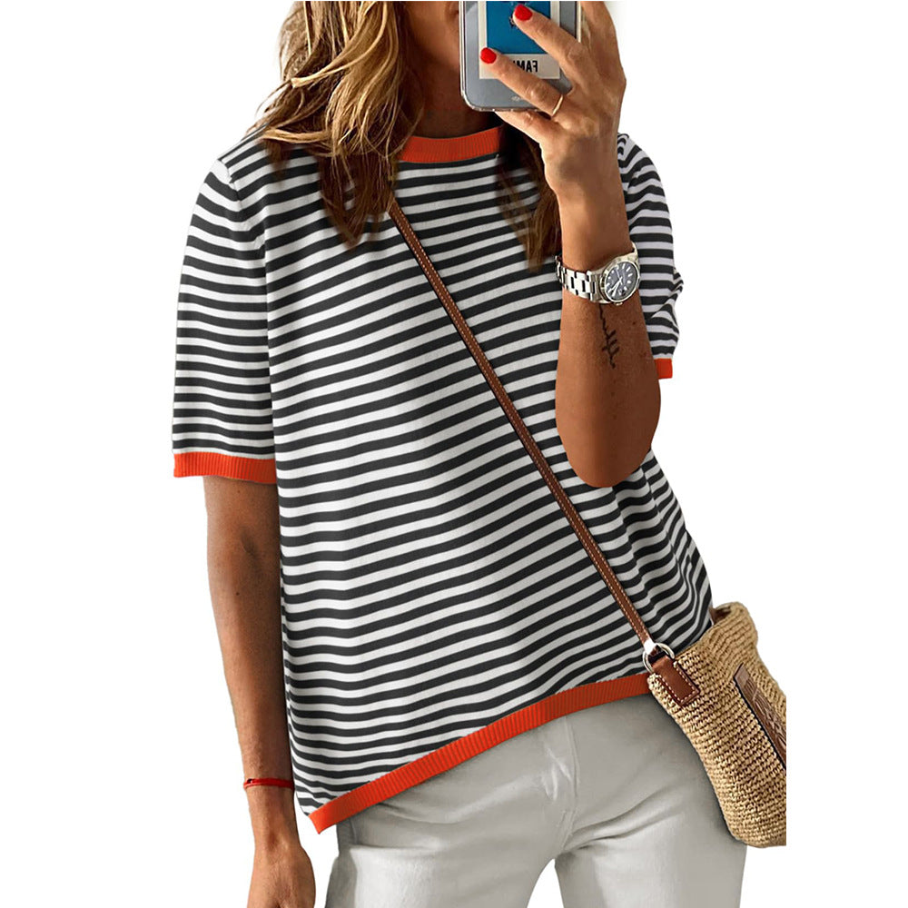 Womens Tops Casual Summer Crewneck Short Sleeve Striped Color Block Knit High Low Trendy Pullover Sweaters - Seldom Seen Styles