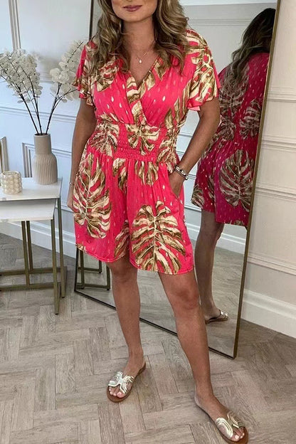 Casual Floral Polka Dot Pocket Rompers, Casual Floral Polka Dot Rompers, Elastic Waist Wide Leg Shorts Jumpsuits - Seldom Seen Styles