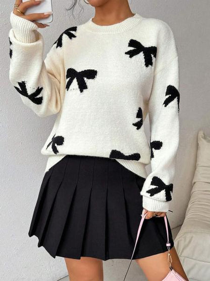 Fashion Bow Print Casual Loose Knitted Sweater Pullover Autumn/Winter Women Pullovers New Full Sleeve Knitwear - Seldom Seen Styles