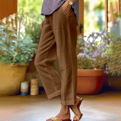 Linen Pants Women Summer Elastic Waist Straight Leg Plus Size Crop Pants Casual Beach Trousers with Pockets