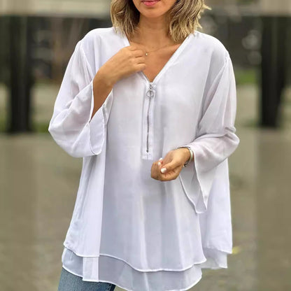 Womens V-Neck Lantern Sleeve Blouse Zipper Design Loose Casual Top Shirts - Seldom Seen Styles