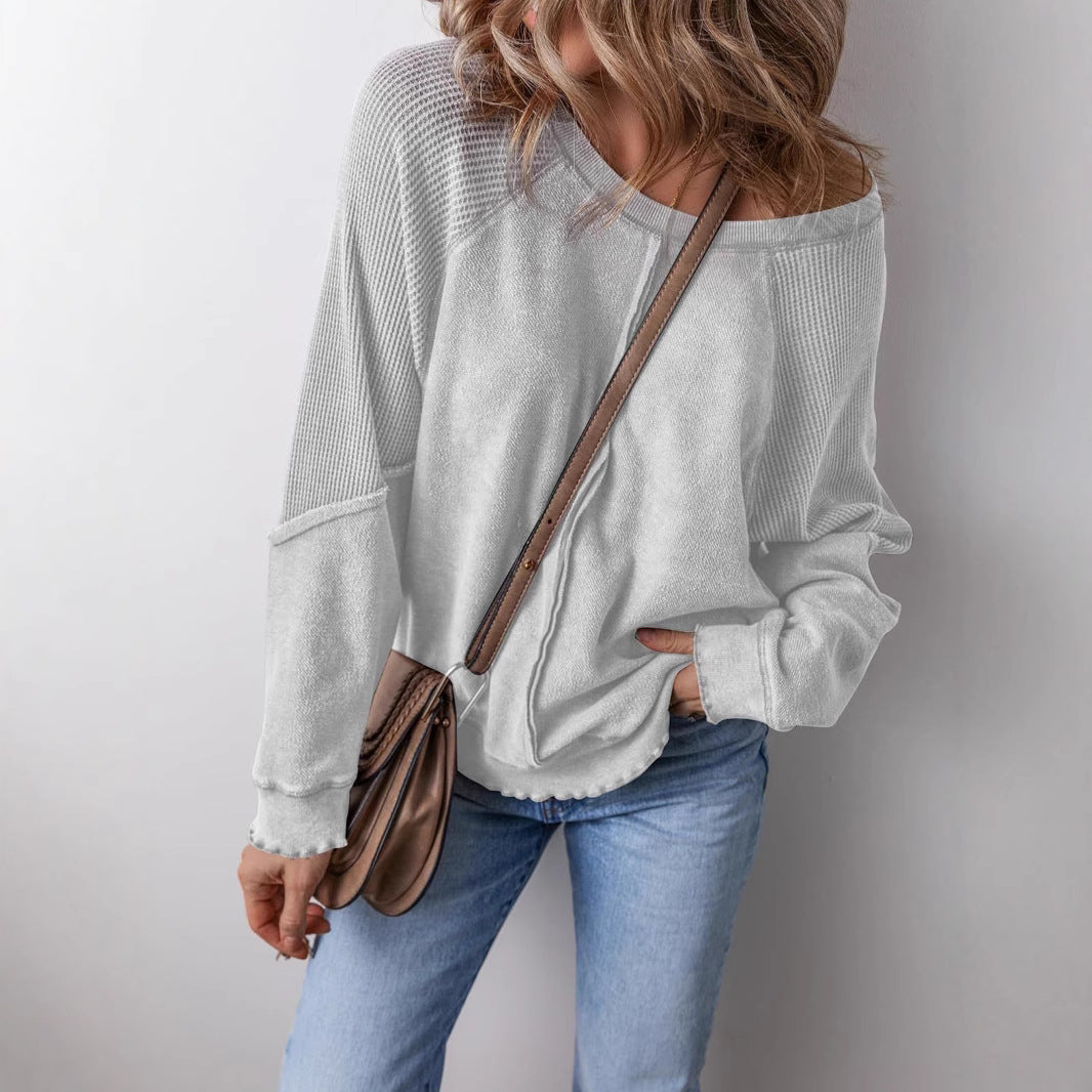 Women's Cotton Waffle Knit Casual Crew Neck Long Sleeve Back Seam Pullover Sweatshirt - Seldom Seen Styles