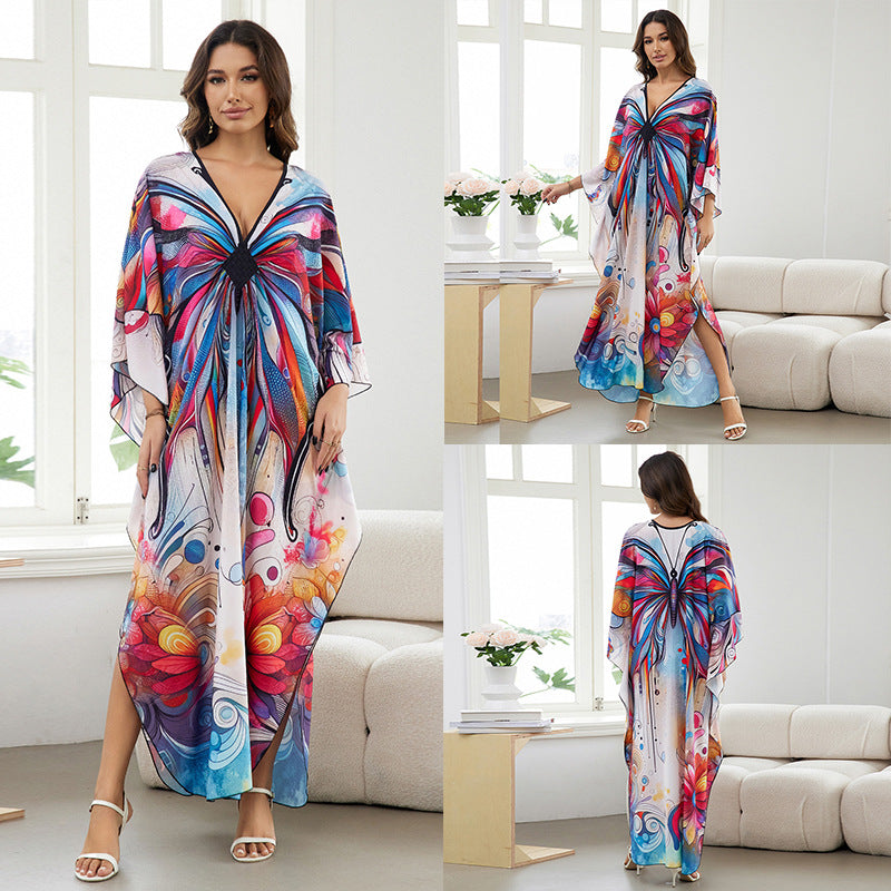 [Plus Size] Butterfly/feather Print Ruched Split Hem Tunic Dress, Valentine's Day Elegant Batwing Sleeve V Neck Long Dress for Summer, Casual Womenswear, Gift, Homecoming Dresses, Women's Clothes for Beach Holiday Vacation, Moo Moo Dresses