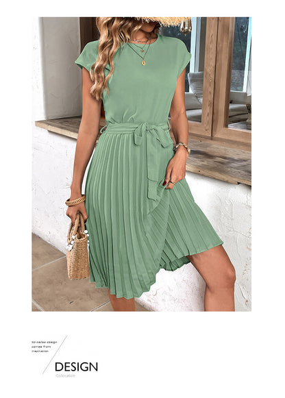 Women Summer Maxi Pleated Dress Casual Cap Sleeve Flowy Swing Loose Fit Midi Dresses Pocket Crew Neck Back Button
