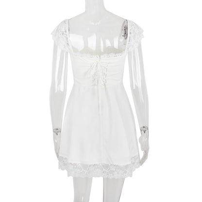 Lace Hem Square Collar Corset Pleated Mini Dress White