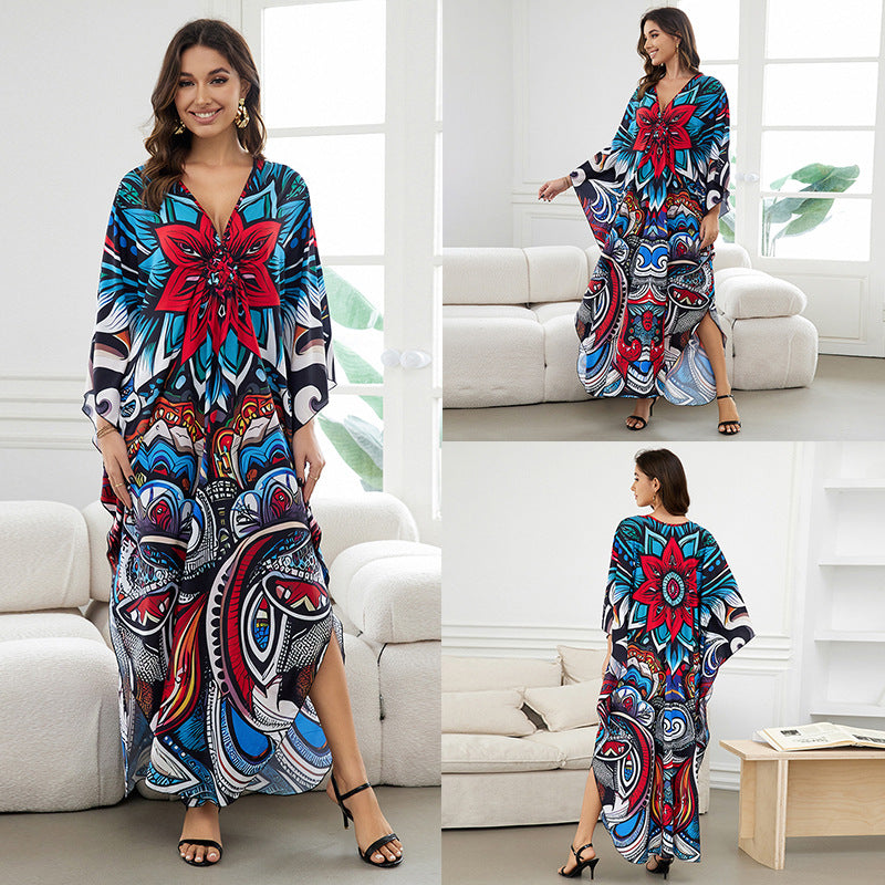 [Plus Size] Butterfly/feather Print Ruched Split Hem Tunic Dress, Valentine's Day Elegant Batwing Sleeve V Neck Long Dress for Summer, Casual Womenswear, Gift, Homecoming Dresses, Women's Clothes for Beach Holiday Vacation, Moo Moo Dresses