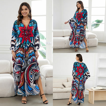 [Plus Size] Butterfly/feather Print Ruched Split Hem Tunic Dress, Valentine's Day Elegant Batwing Sleeve V Neck Long Dress for Summer, Casual Womenswear, Gift, Homecoming Dresses, Women's Clothes for Beach Holiday Vacation, Moo Moo Dresses
