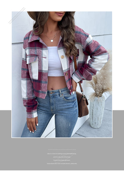 Women's Flannel Cropped Plaid Shacket Jacket Button Down Long Sleeve Shirts Tops