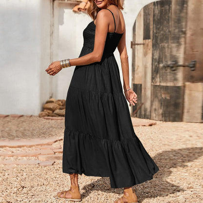 Women's Summer Midi Dress 2025 Casual Boho Sleeveless Spaghetti Strap Smocked Tiered Long Beach Sundresses