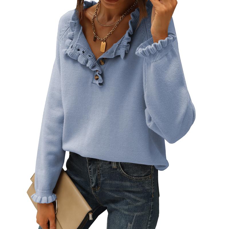 Women's Knit Pullover Sweater Tops - Casual Long Sleeve Button Down Crew Neck Ruffle Solid Color Striped - Knitwear, Womenswear - Seldom Seen Styles