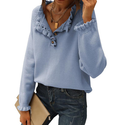 Women's Knit Pullover Sweater Tops - Casual Long Sleeve Button Down Crew Neck Ruffle Solid Color Striped - Knitwear, Womenswear - Seldom Seen Styles
