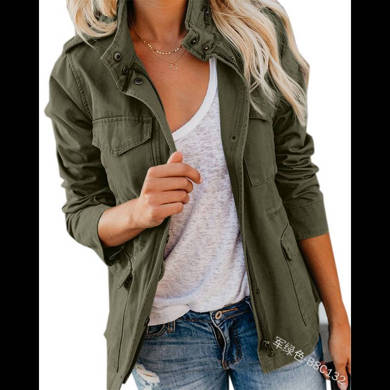 Womens Military Jacket Zip Up Snap Buttons Lightweight Utility Anorak Field Safari Coat Outwear with Pocket - Seldom Seen Styles