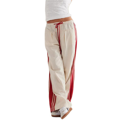 Women's Baggy Wide Leg Pants Casual Drawstring Elastic Waisted Contrast Color Workout Y2K Track Pants - Seldom Seen Styles