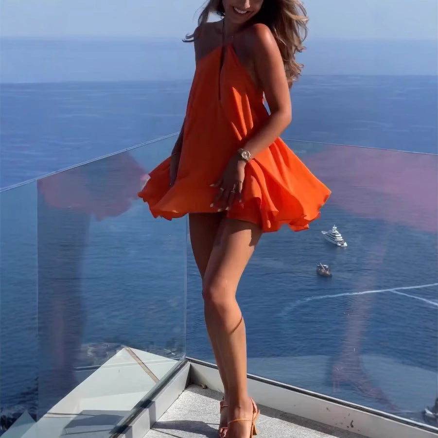 Women's Summer Halter Backless Mini Dress, Sexy A-Line Sleeveless Hollow Out Dress, Beach Vacation Casual Wear, Halloween - Seldom Seen Styles